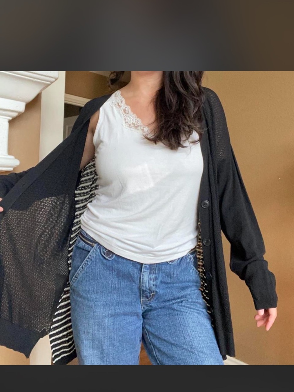 Dex Black Open Back Button-Front Lightweight Cardigan